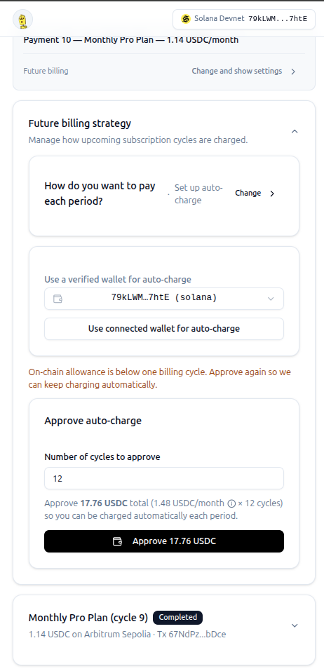 Approve auto-charge — select number of cycles and approve on-chain