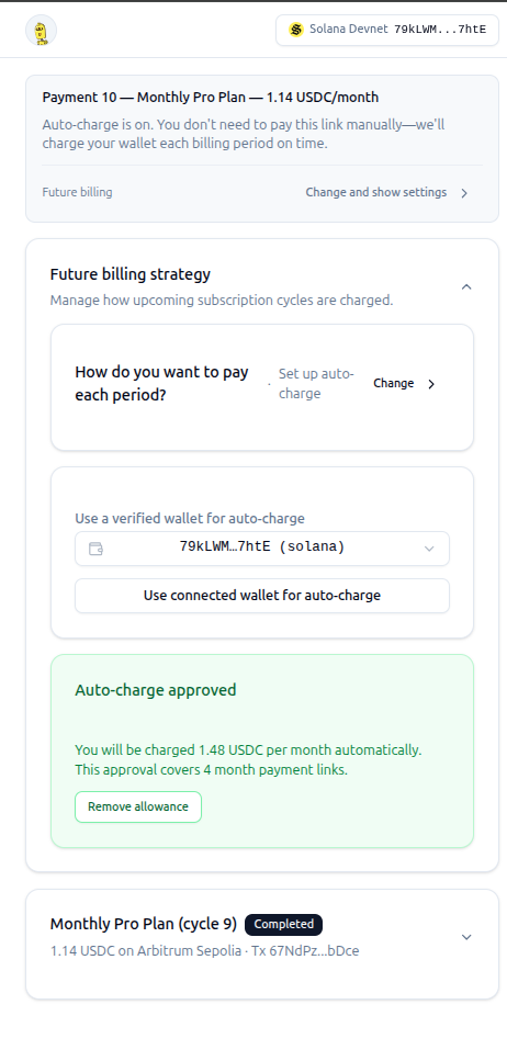Auto-charge approved — payer wallet connected, allowance active